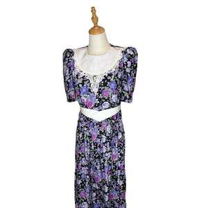 Vintage Lisa II 80s Purple and Pink Floral Rayon Midi Dress with Lace Bib Collar